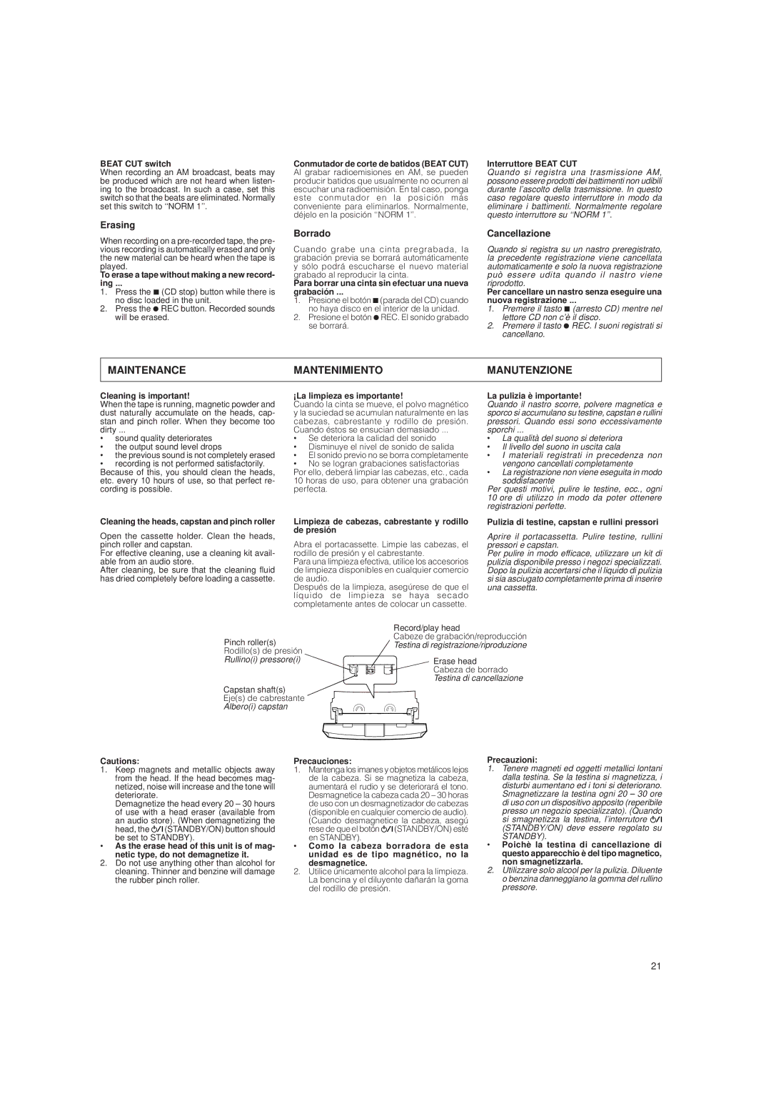 JVC LVT0282-002A system manual Maintenance Mantenimiento Manutenzione, Erasing, Borrado, Cancellazione 