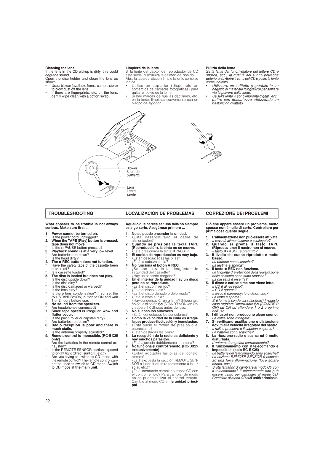 JVC LVT0282-002A system manual Cleaning the lens, Limpieza de la lente, Pulizia della lente, REC button does not function 