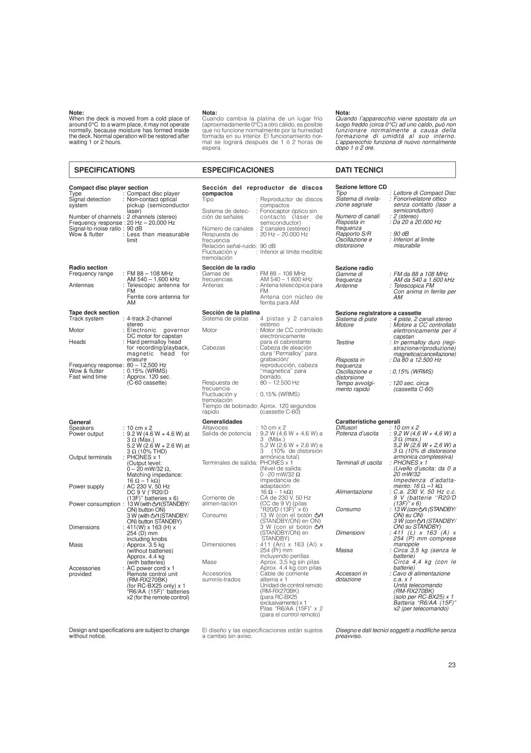 JVC LVT0282-002A system manual Specifications Especificaciones Dati Tecnici 