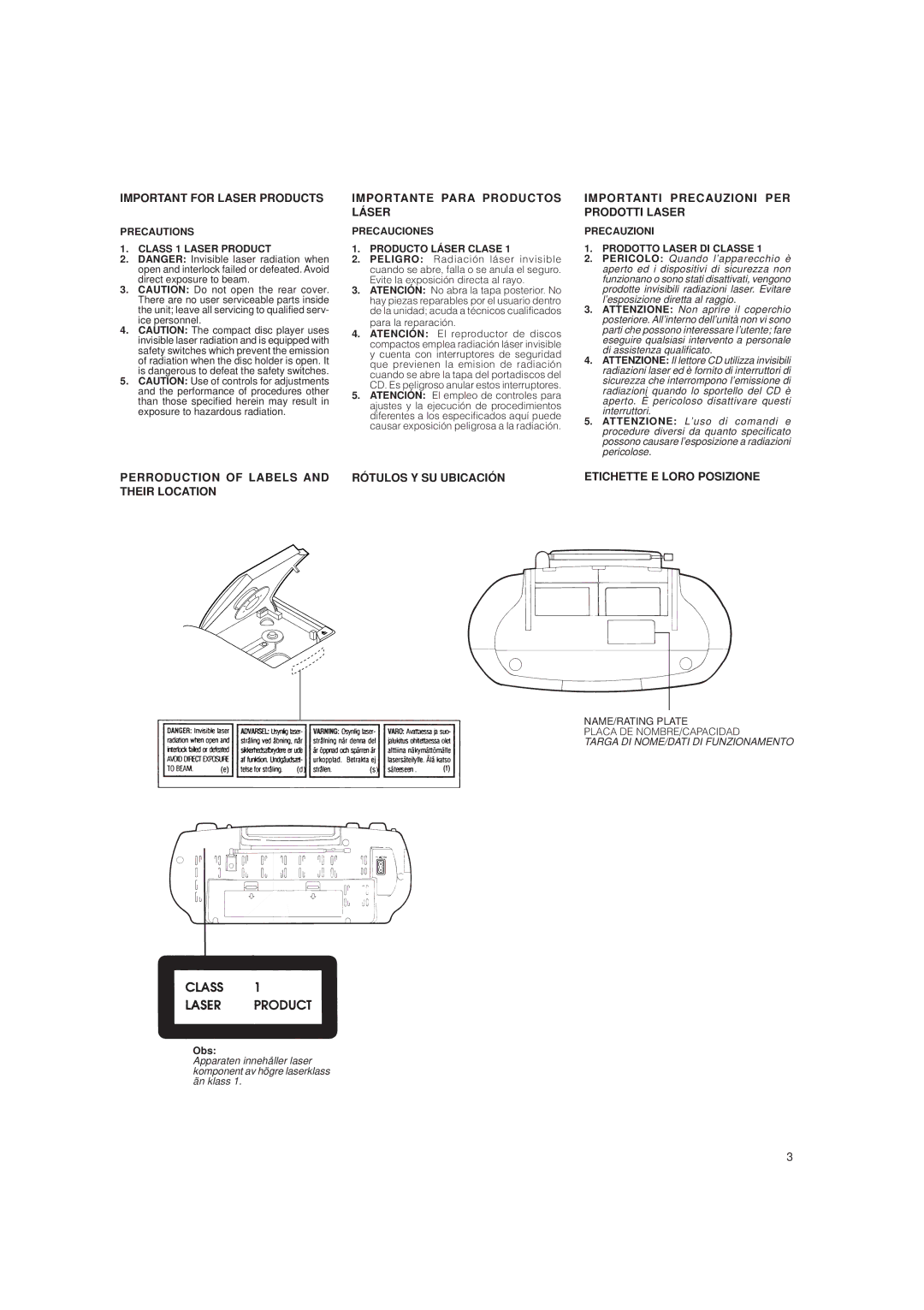 JVC LVT0282-002A system manual Precautions Class 1 Laser Product, Precauciones Producto Láser Clase, Obs 