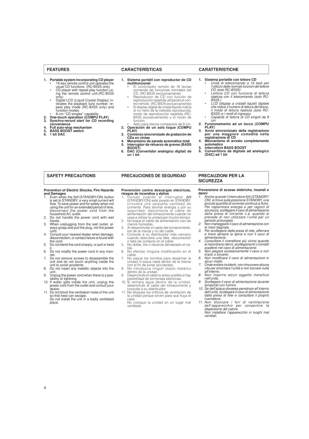 JVC LVT0282-002A system manual Features Características Caratteristiche, Portable system incorporating CD player, Boost 