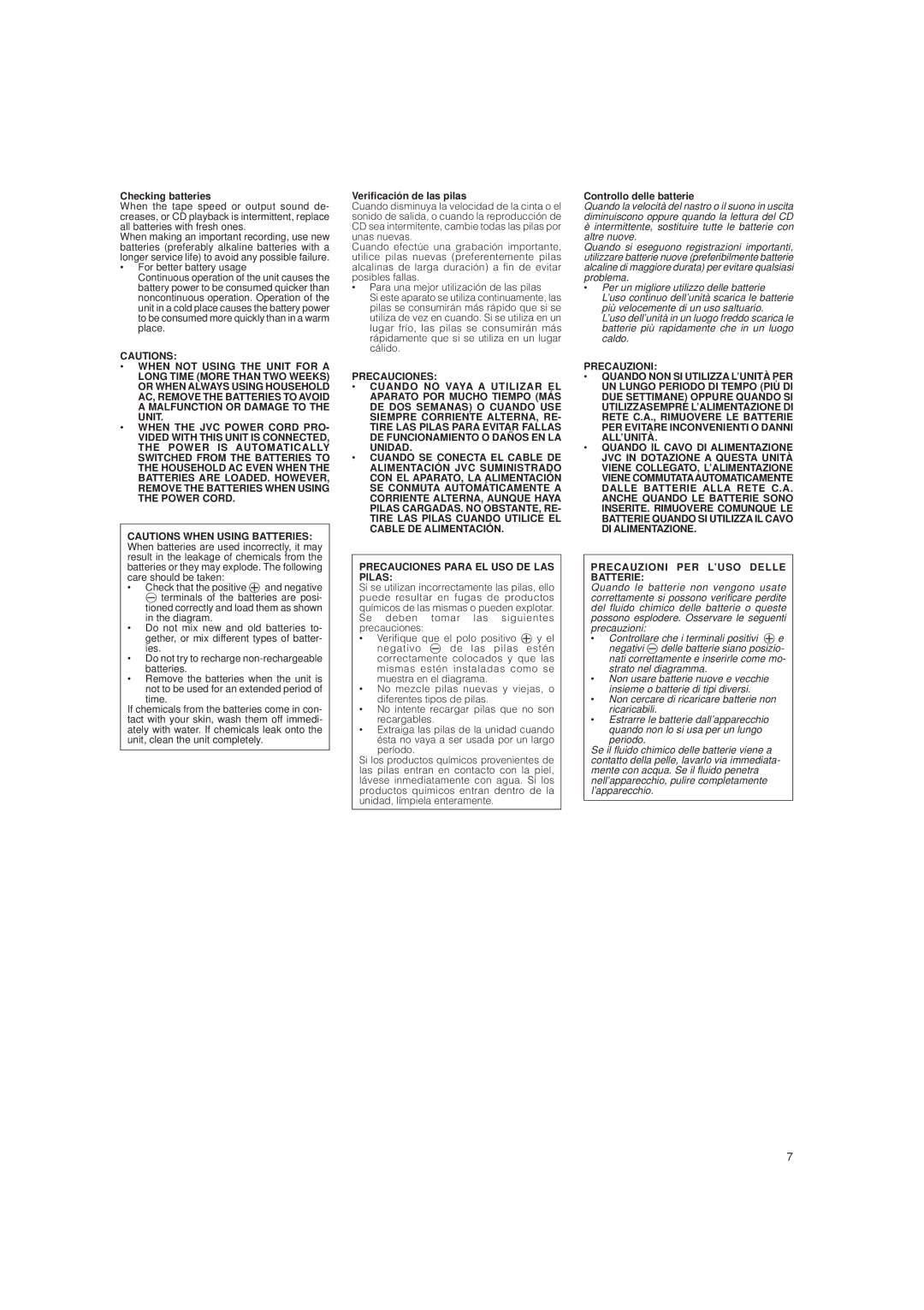 JVC LVT0282-002A system manual Checking batteries, Verificación de las pilas, Controllo delle batterie 