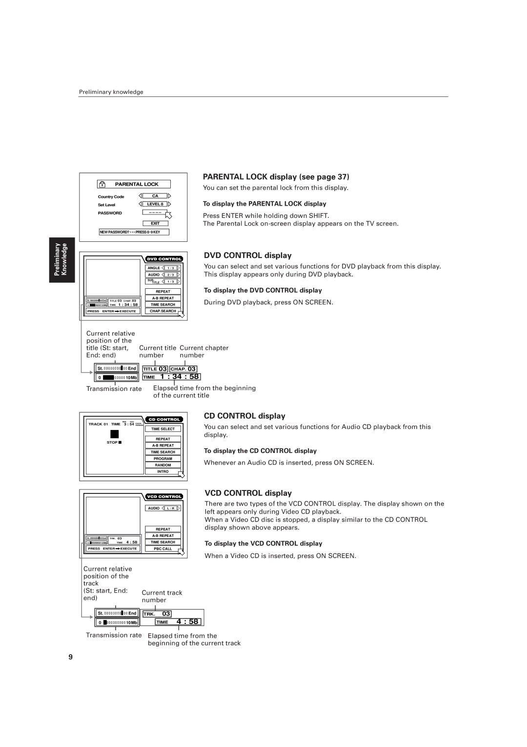 JVC LVT0336-003A manual Parental Lock display see, DVD Control display, VCD Control display 