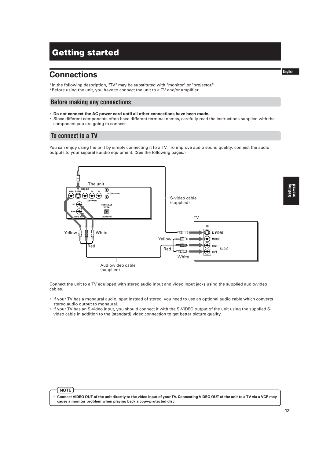 JVC LVT0336-003A manual Getting started, Connections, Before making any connections, To connect to a TV, Red 