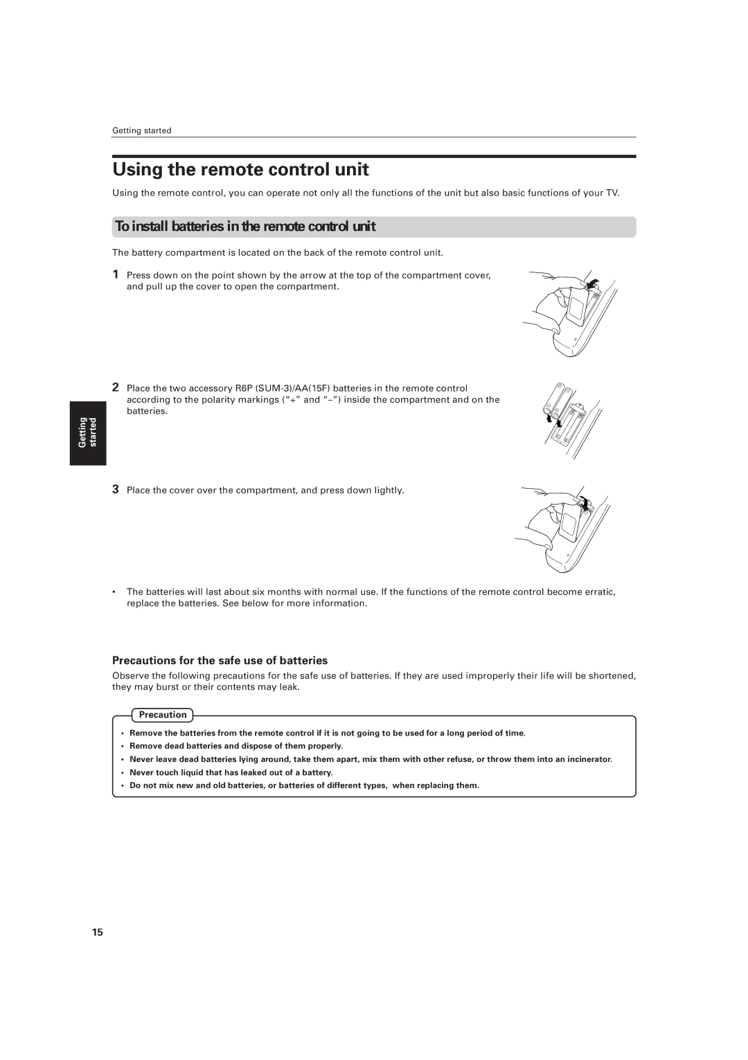 JVC LVT0336-003A manual Using the remote control unit, To install batteries in the remote control unit, Precaution 