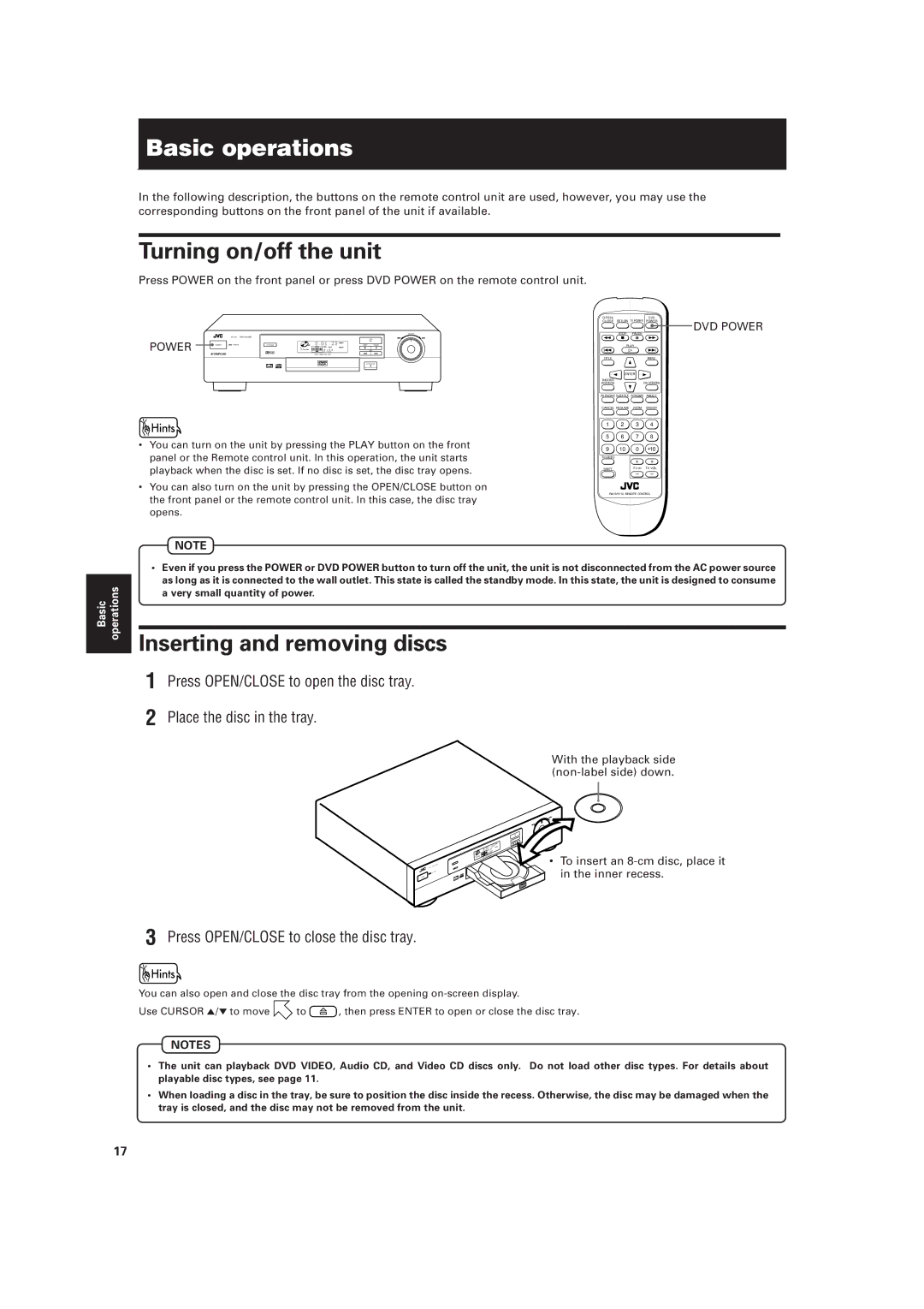 JVC LVT0336-003A manual Basic operations, Turning on/off the unit, Inserting and removing discs 