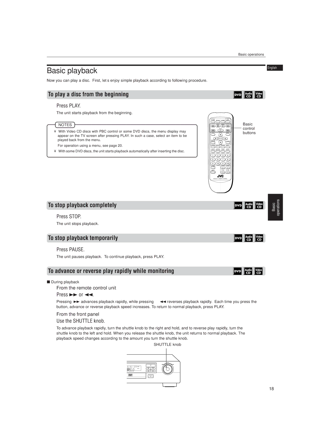 JVC LVT0336-003A manual Basic playback, To play a disc from the beginning, To stop playback completely 