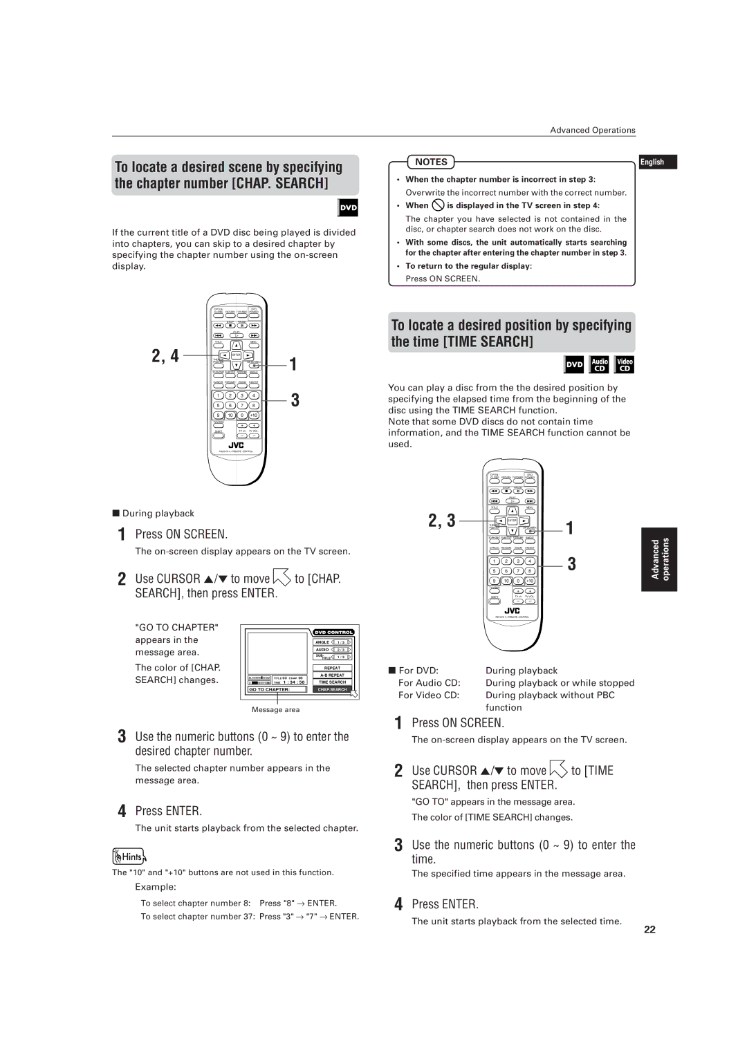 JVC LVT0336-003A Press on Screen, Use Cursor 5/ to move, Press Enter, Use the numeric buttons 0 ~ 9 to enter the time 