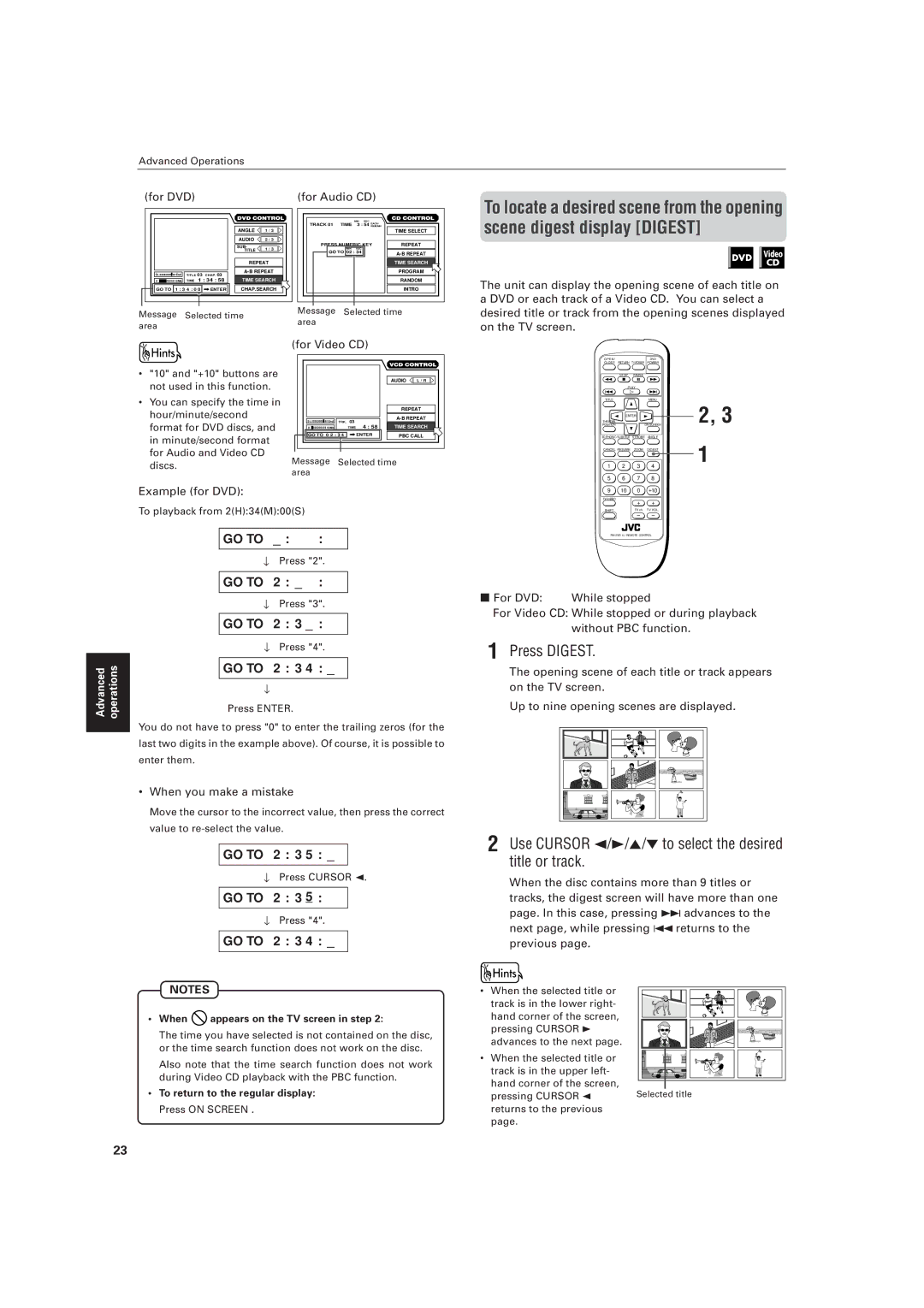 JVC LVT0336-003A manual Press Digest, Use Cursor 2/3/5/ to select the desired title or track, For DVD For Audio CD 