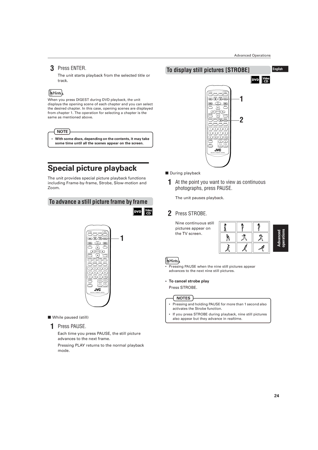 JVC LVT0336-003A manual Special picture playback, Nine continuous still, Pictures appear on, TV screen, While paused still 