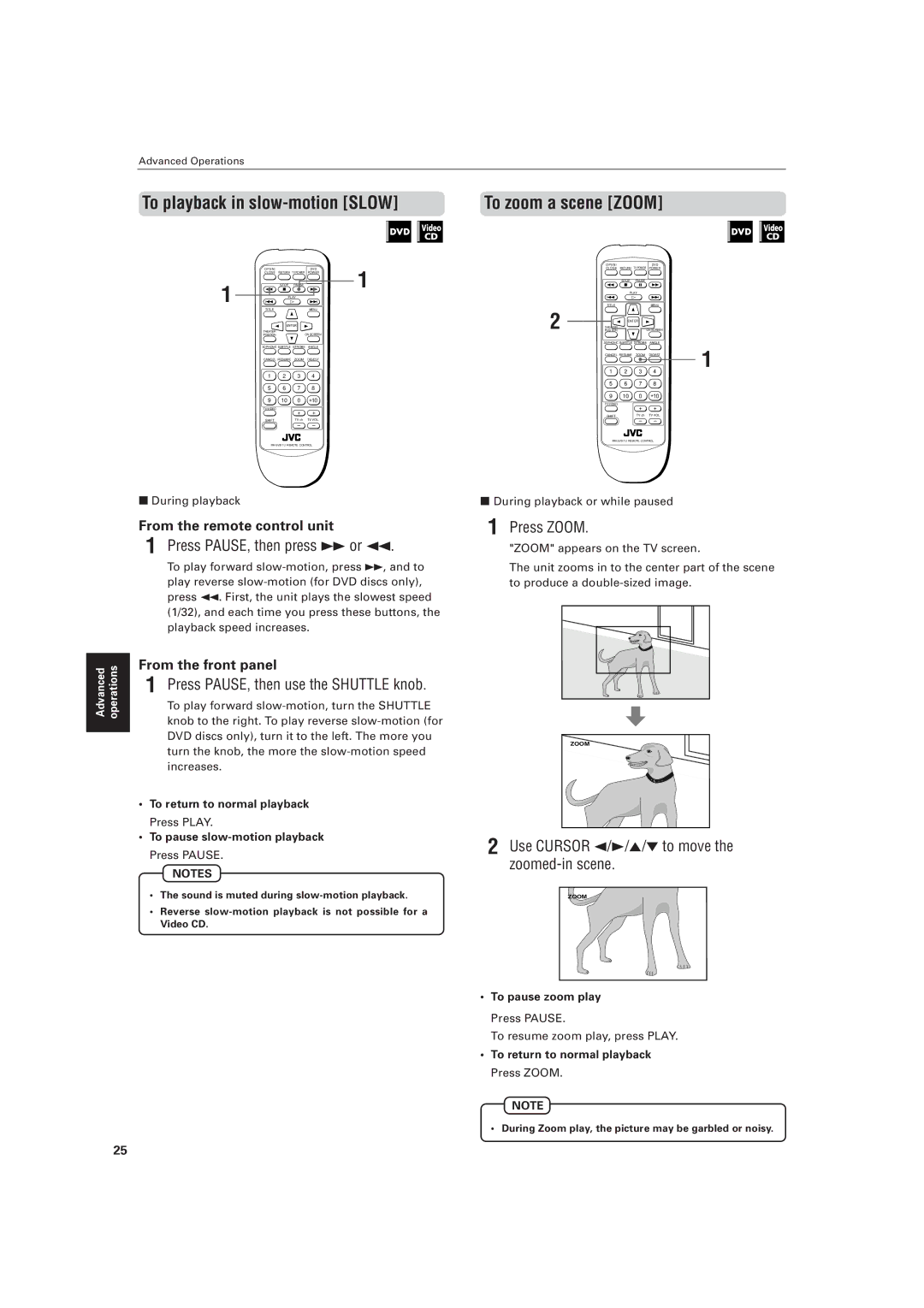 JVC LVT0336-003A manual Press PAUSE, then press Áor, Press PAUSE, then use the Shuttle knob, Press Zoom 