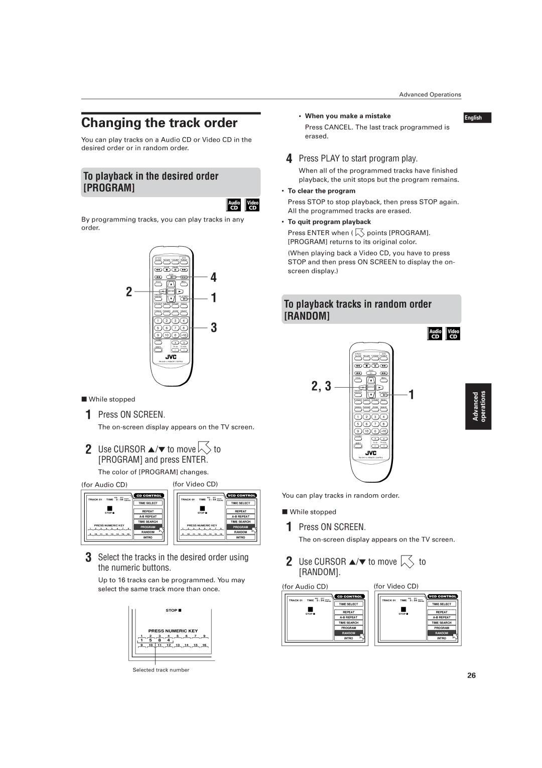 JVC LVT0336-003A Changing the track order, To playback in the desired order Program, Press Play to start program play 