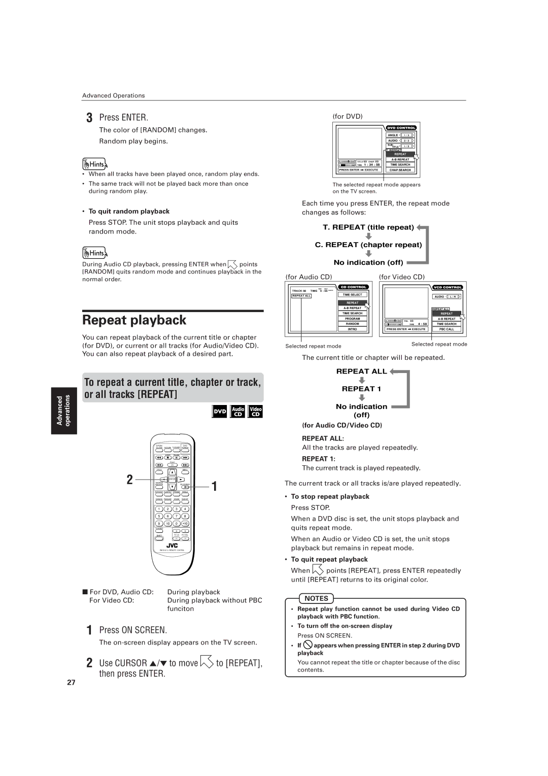 JVC LVT0336-003A manual Repeat playback, Then press Enter, To quit random playback, To stop repeat playback Press Stop 