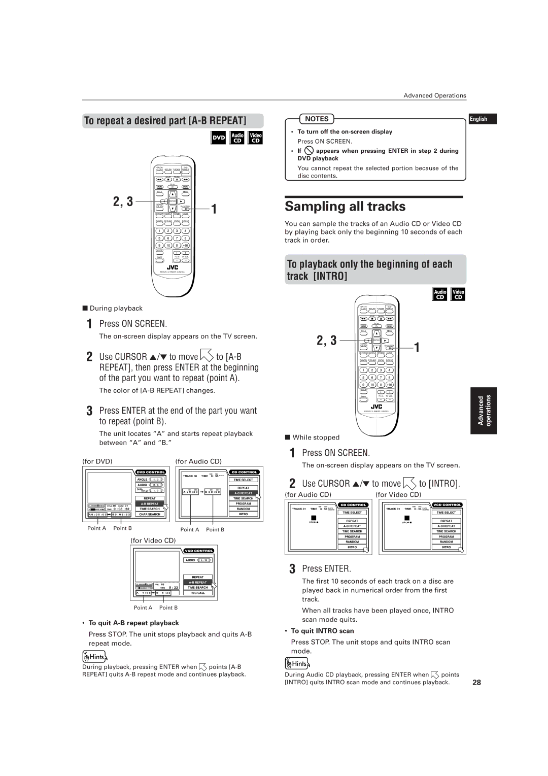 JVC LVT0336-003A Sampling all tracks, To repeat a desired part A-B Repeat, To quit A-B repeat playback, To quit Intro scan 