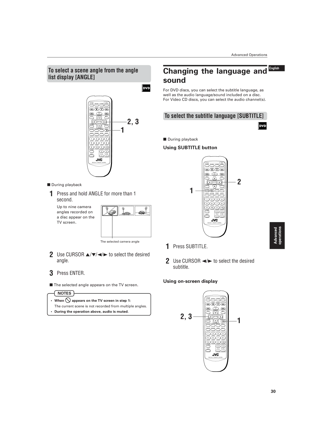 JVC LVT0336-003A Changing the language and English, Sound, To select a scene angle from the angle, List display Angle 