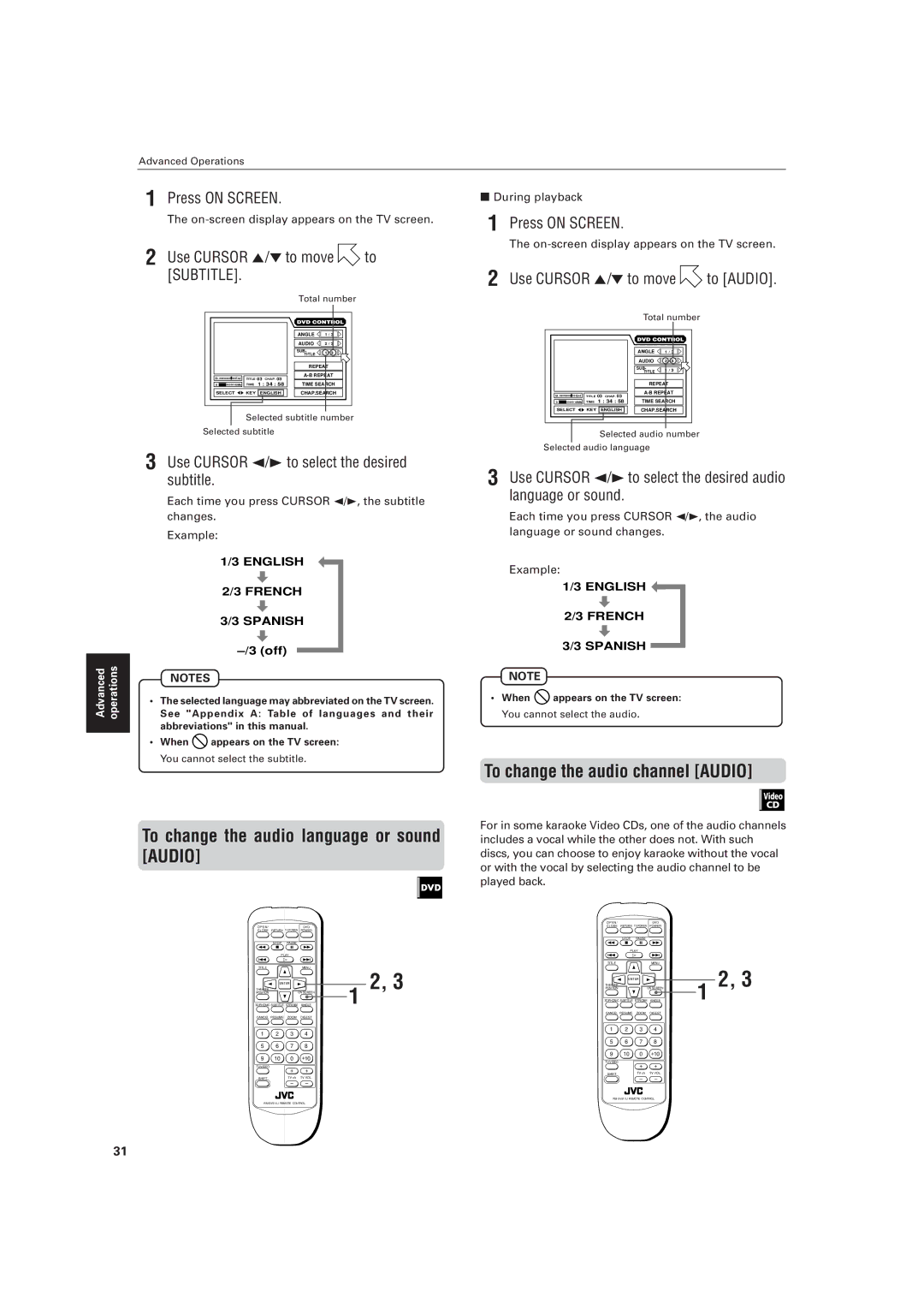 JVC LVT0336-003A manual To change the audio language or sound Audio, To change the audio channel Audio 