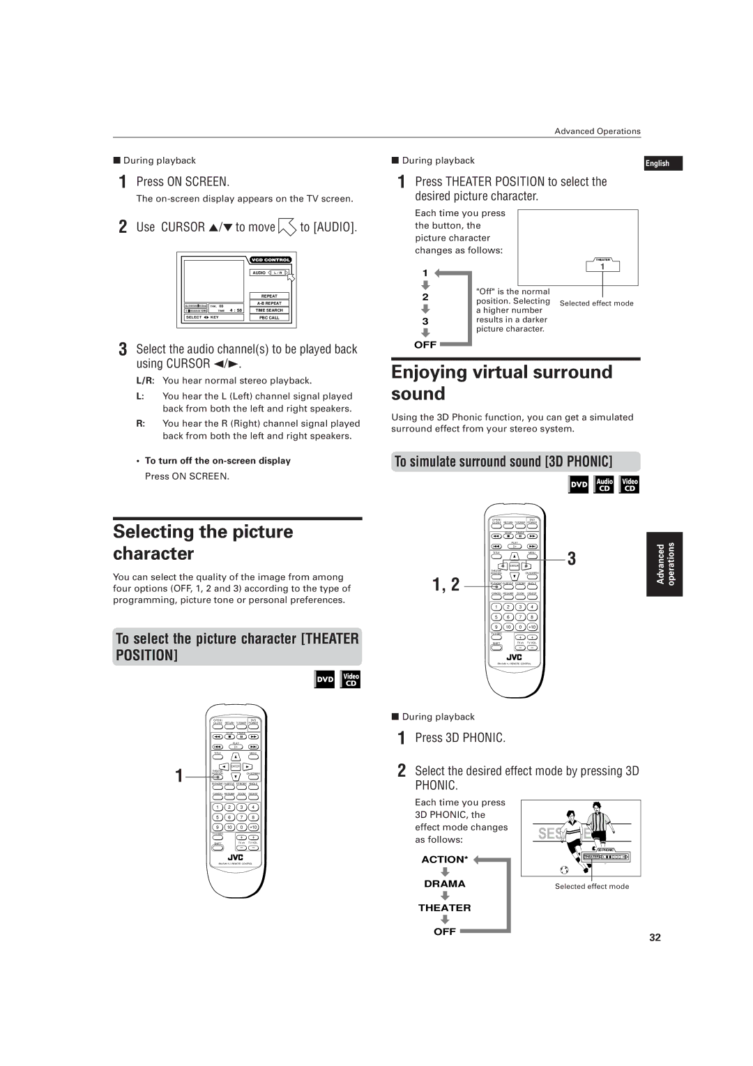 JVC LVT0336-003A manual Enjoying virtual surround sound, Selecting the picture, Character, Use Cursor 5/to move to Audio 