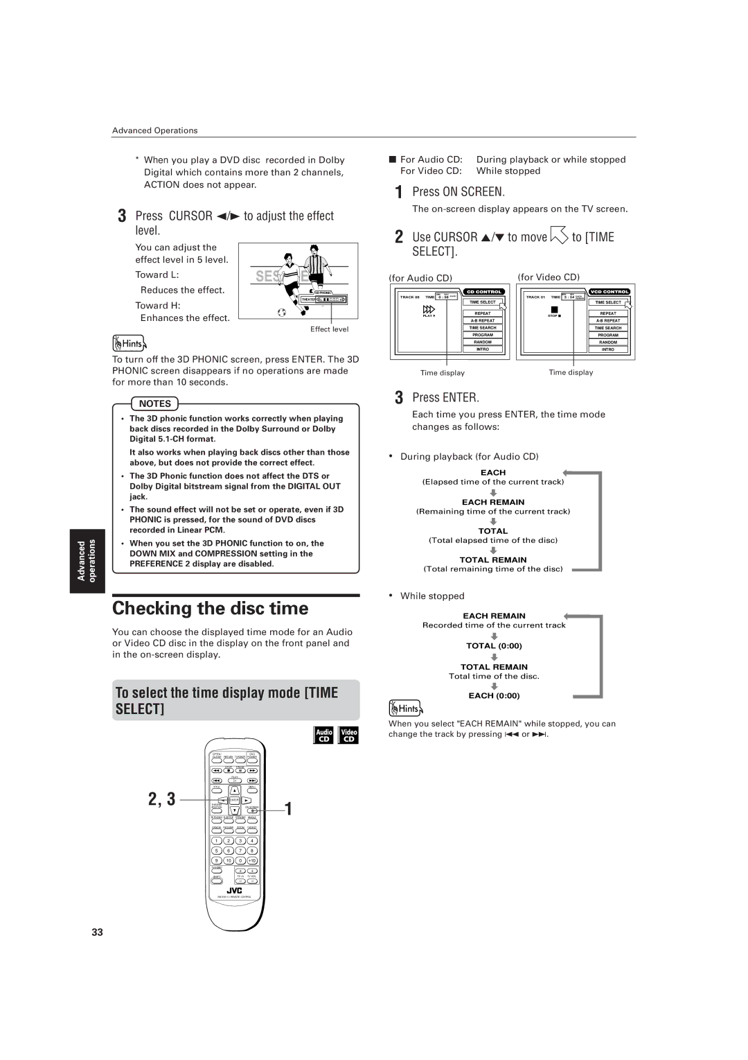 JVC LVT0336-003A Checking the disc time, To select the time display mode Time, Press Cursor 2/3 to adjust the effect level 