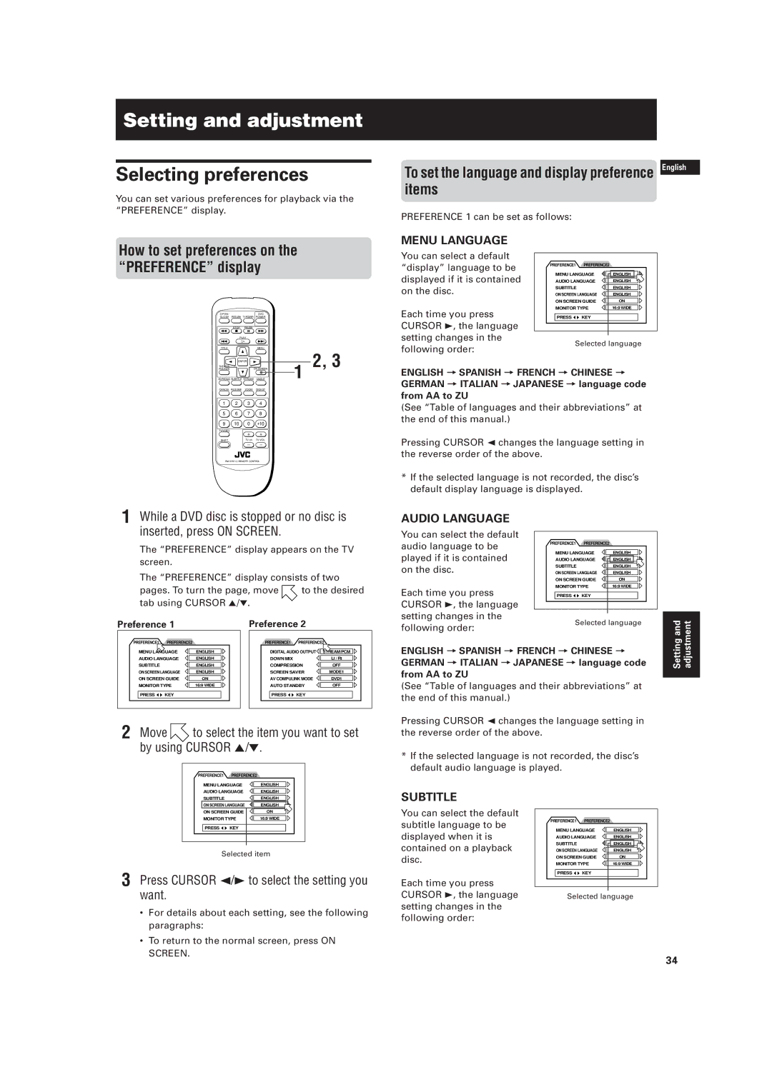 JVC LVT0336-003A Setting and adjustment, Selecting preferences, Move to select the item you want to set by using Cursor 