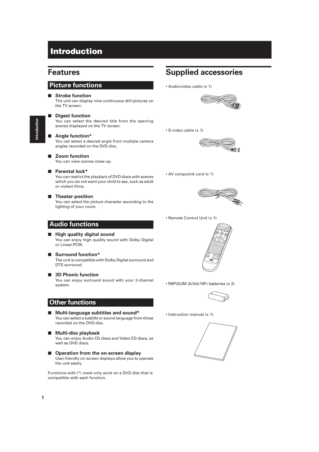 JVC LVT0336-003A manual Introduction, Features, Supplied accessories 