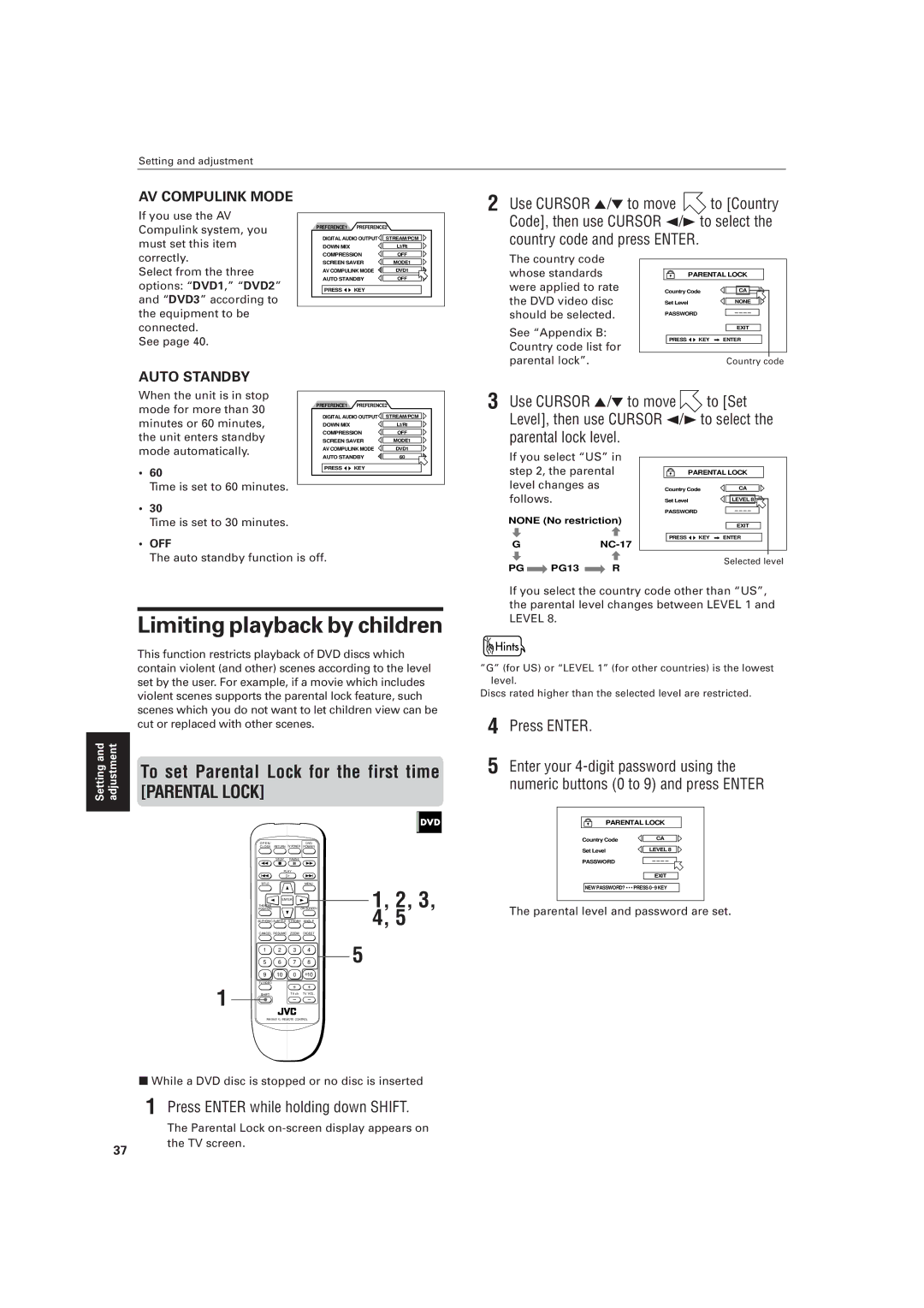 JVC LVT0336-003A Limiting playback by children, To set Parental Lock for the first time, Use Cursor 5/ to move to Country 