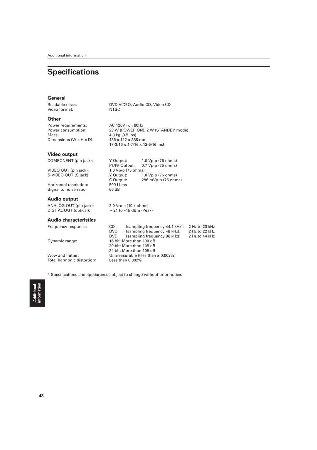 JVC LVT0336-003A manual Specifications 
