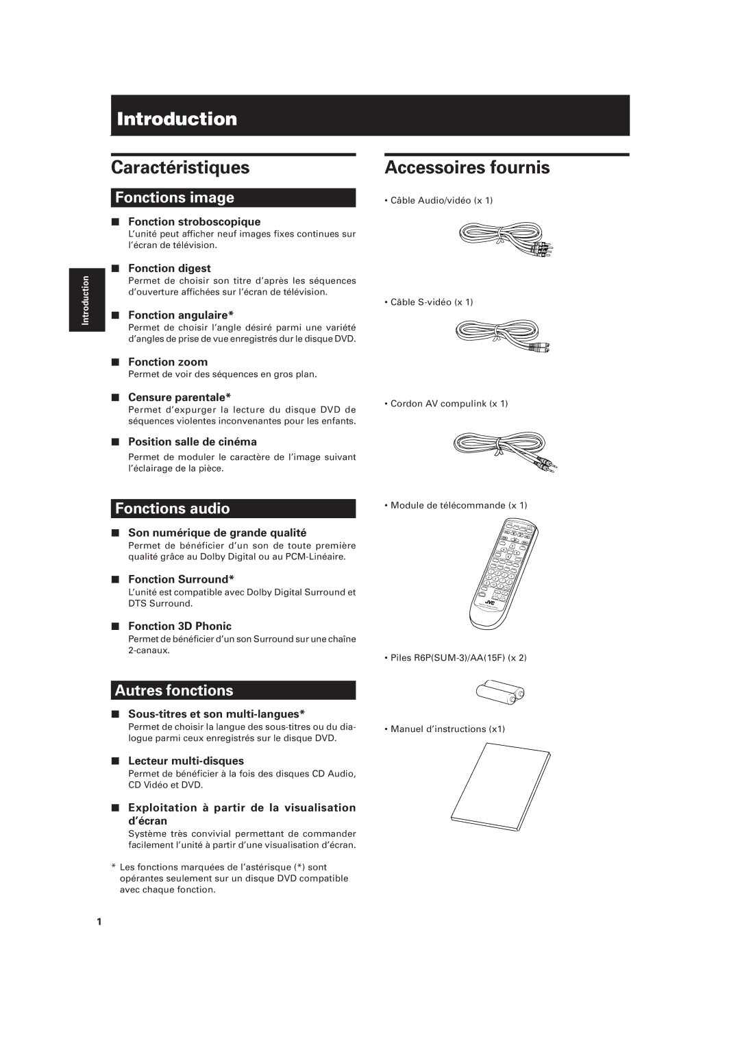 JVC LVT0336-003A manual Caractéristiques, Accessoires fournis 