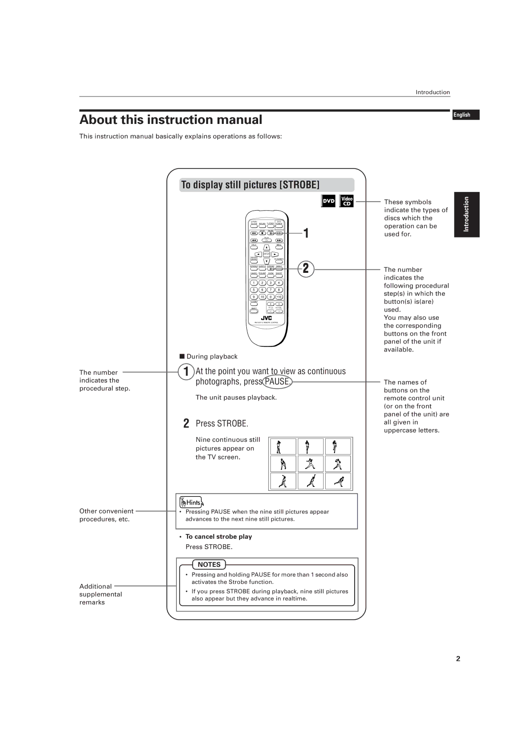 JVC LVT0336-003A manual To display still pictures Strobe, Press Strobe, These symbols, Unit pauses playback 