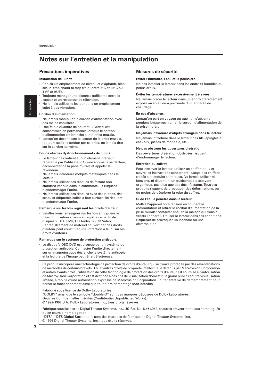 JVC LVT0336-003A manual Installation de l’unité, Cordon d’alimentation, Pour éviter les dysfonctionnements de l’unité 