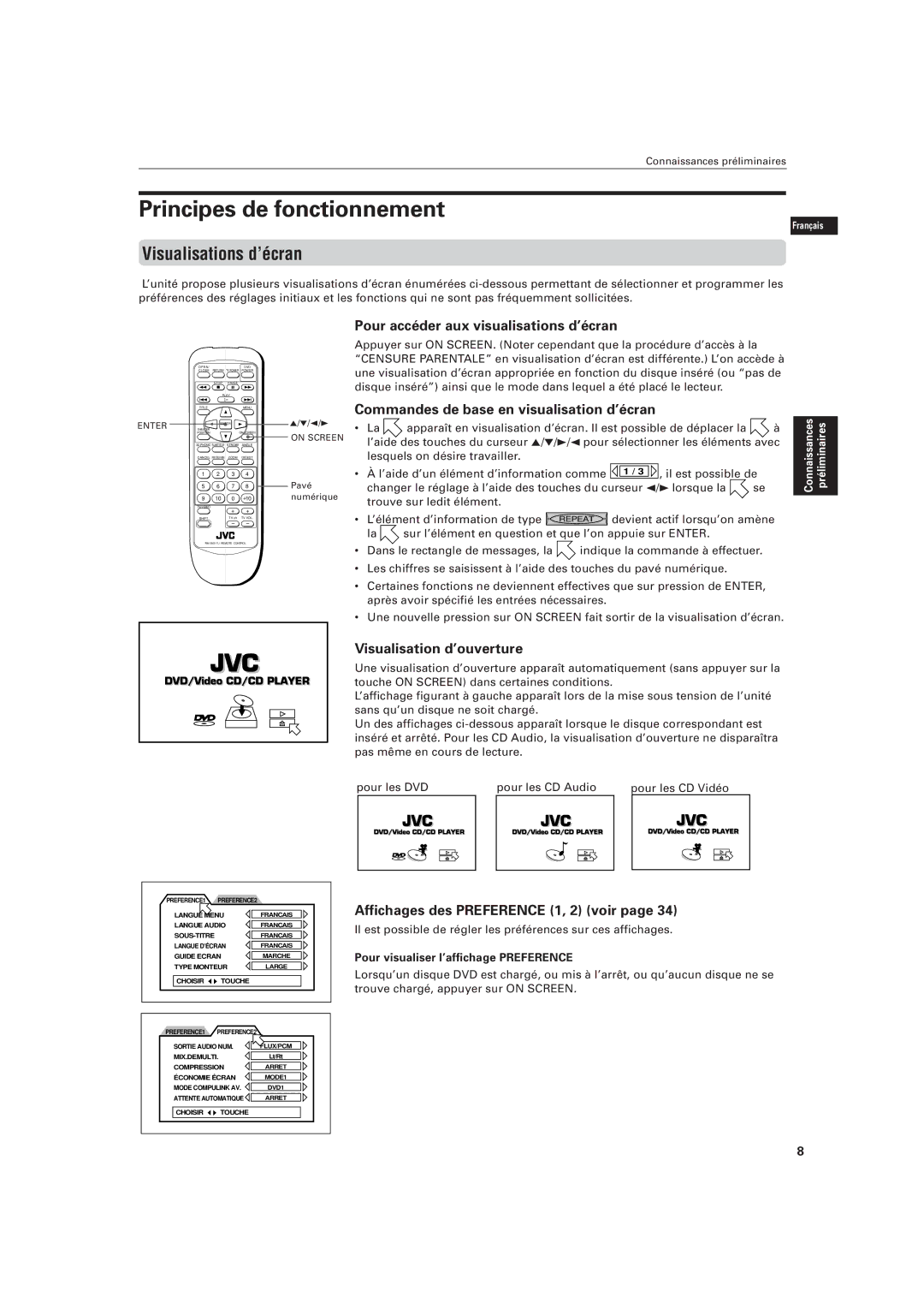 JVC LVT0336-003A manual Principes de fonctionnement, Visualisations d’écran 