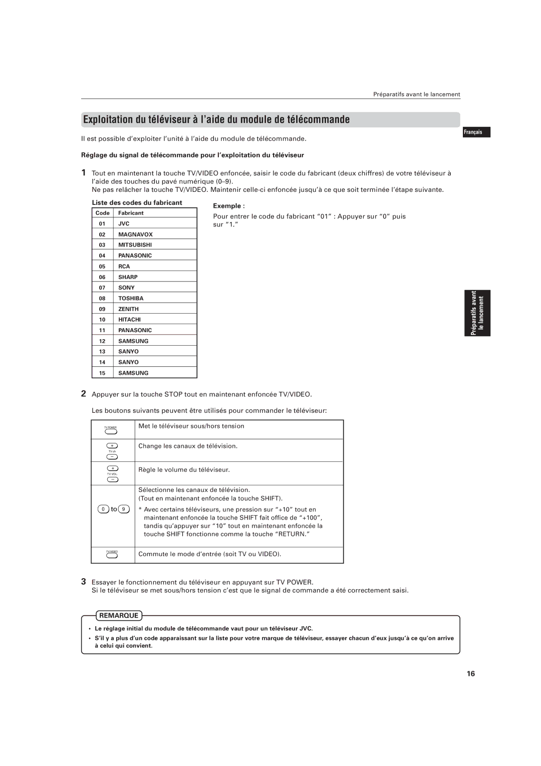 JVC LVT0336-003A manual Liste des codes du fabricant, Exemple, Pour entrer le code du fabricant 01 Appuyer sur 0 puis sur 