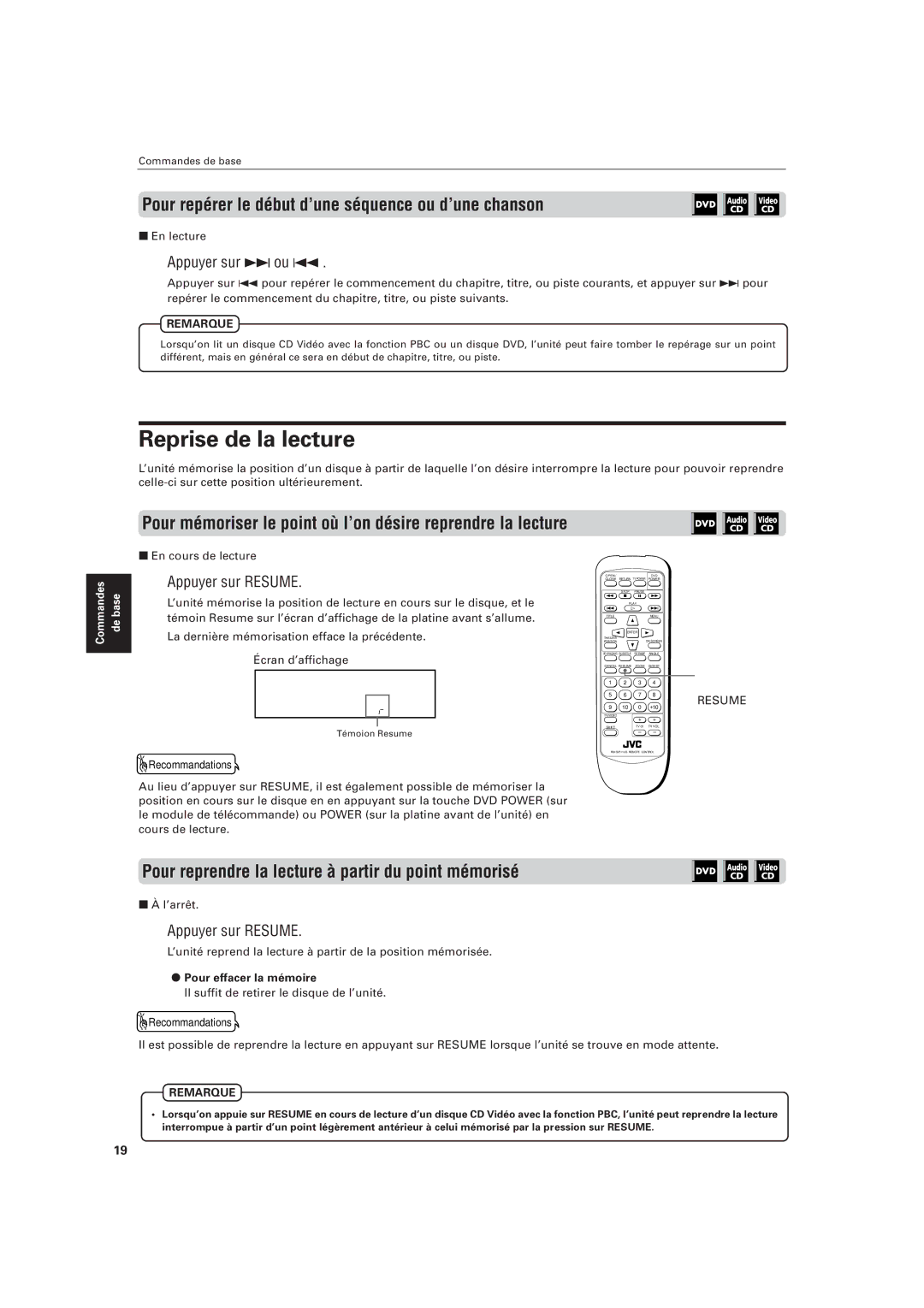 JVC LVT0336-003A manual Reprise de la lecture, Pour repérer le début d’une séquence ou d’une chanson, Appuyer sur ¢ou 