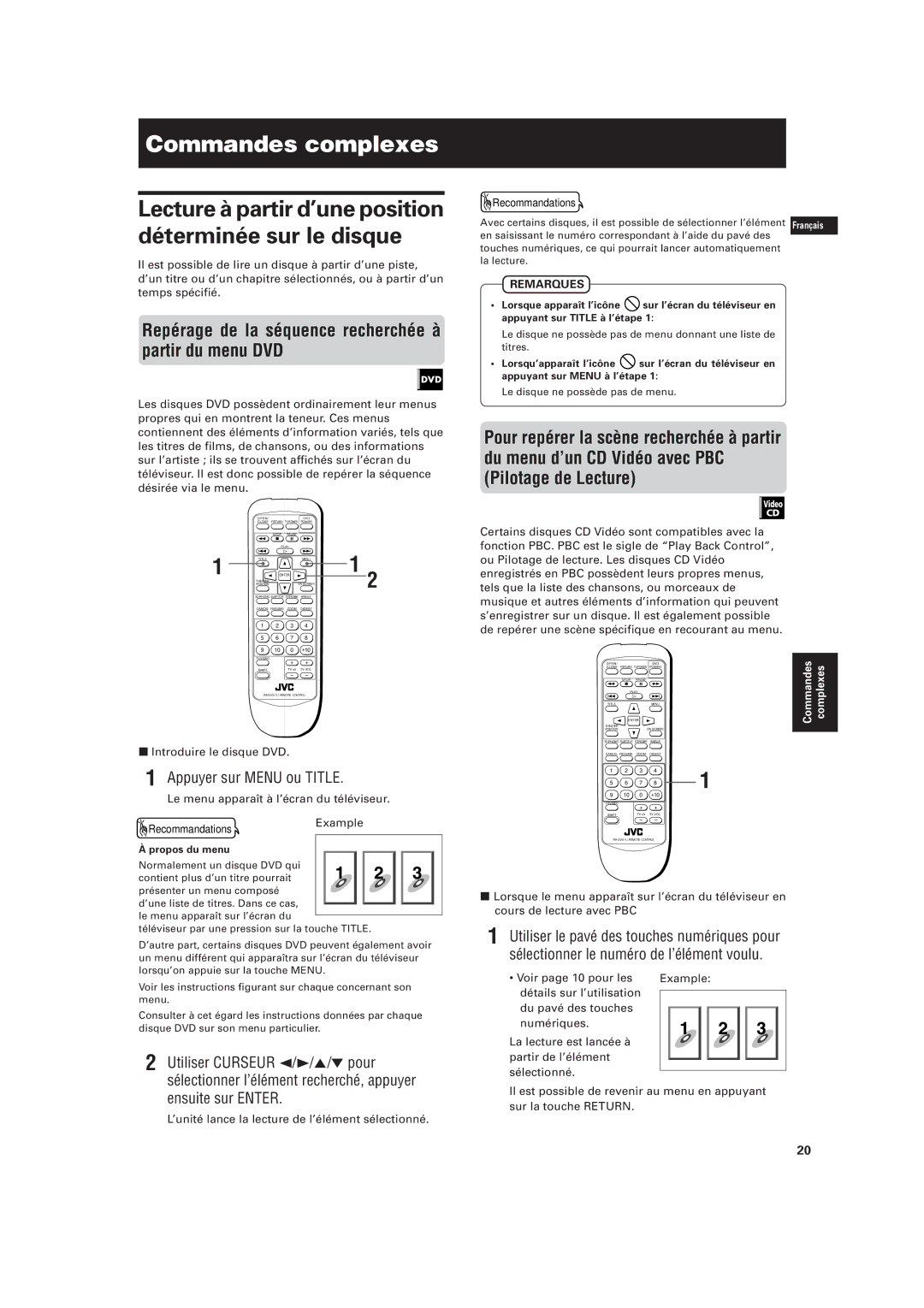 JVC LVT0336-003A Commandes complexes, Repérage de la séquence recherchée à partir du menu DVD, Appuyer sur Menu ou Title 