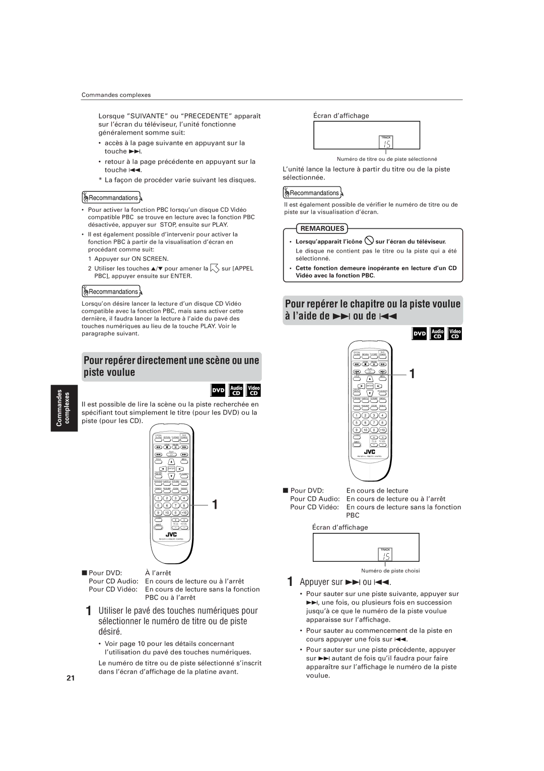 JVC LVT0336-003A manual Il est possible de lire la scène ou la piste recherchée en, Piste pour les CD 