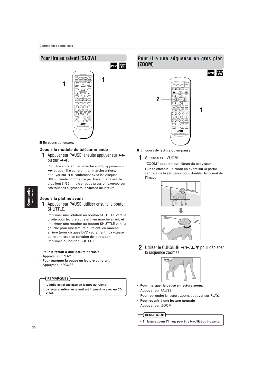 JVC LVT0336-003A manual Pour lire au ralenti Slow, Pour lire une séquence en gros plan Zoom 