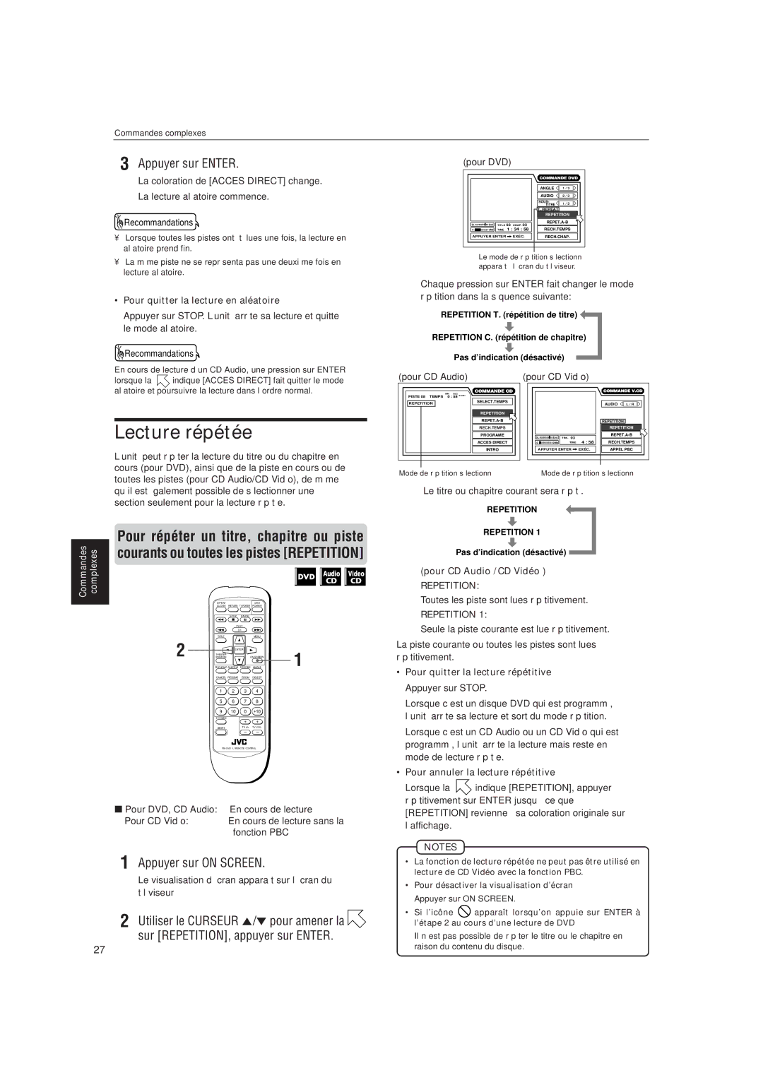 JVC LVT0336-003A manual Lecture répétée, Pour quitter la lecture en aléatoire, Pour CD Audio /CD Vidéo 