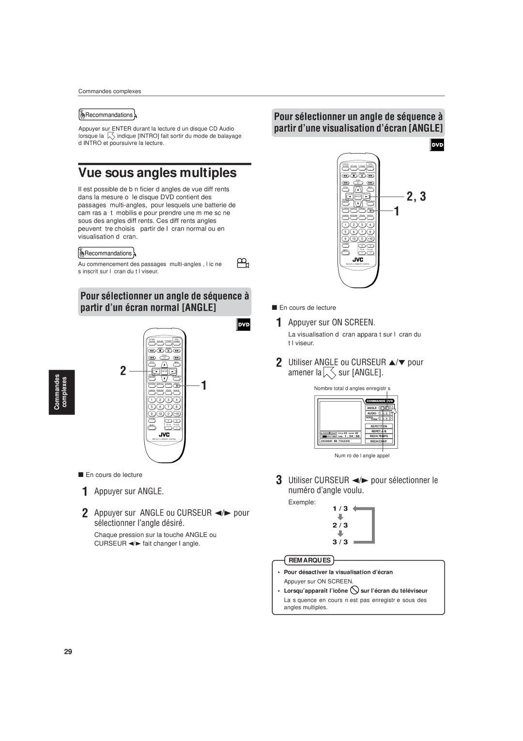 JVC LVT0336-003A manual Vue sous angles multiples, Utiliser Angle ou Curseur 5/ pour Amener la sur Angle 