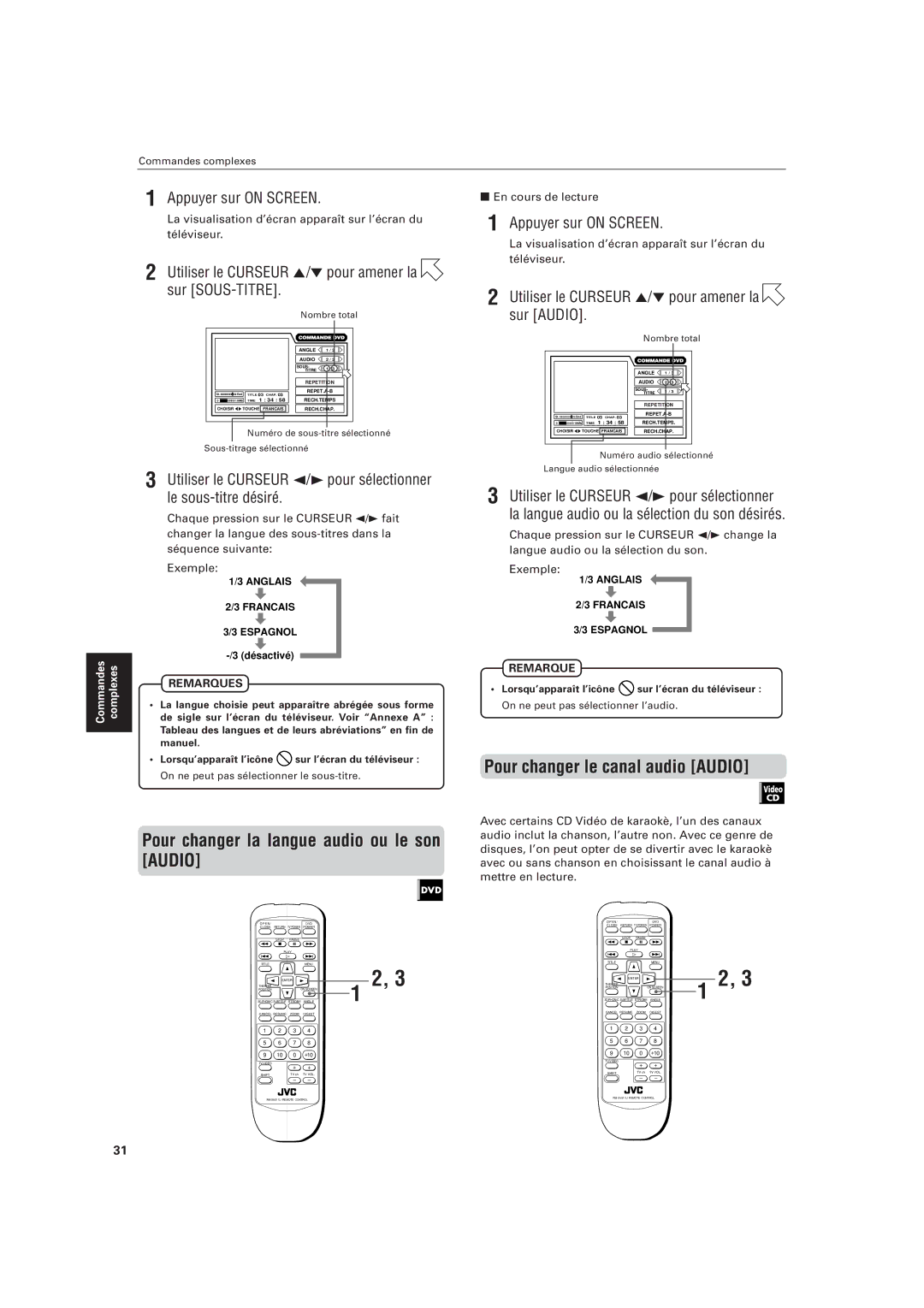 JVC LVT0336-003A manual Pour changer la langue audio ou le son Audio, Pour changer le canal audio Audio 