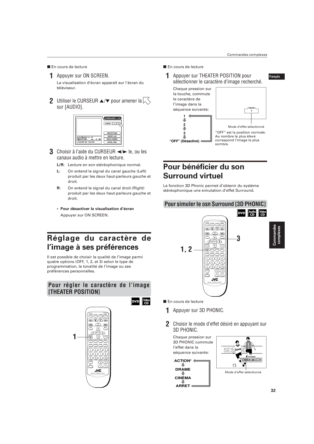 JVC LVT0336-003A manual Réglage du caractère de l’image à ses préférences, Pour bénéficier du son Surround virtuel 