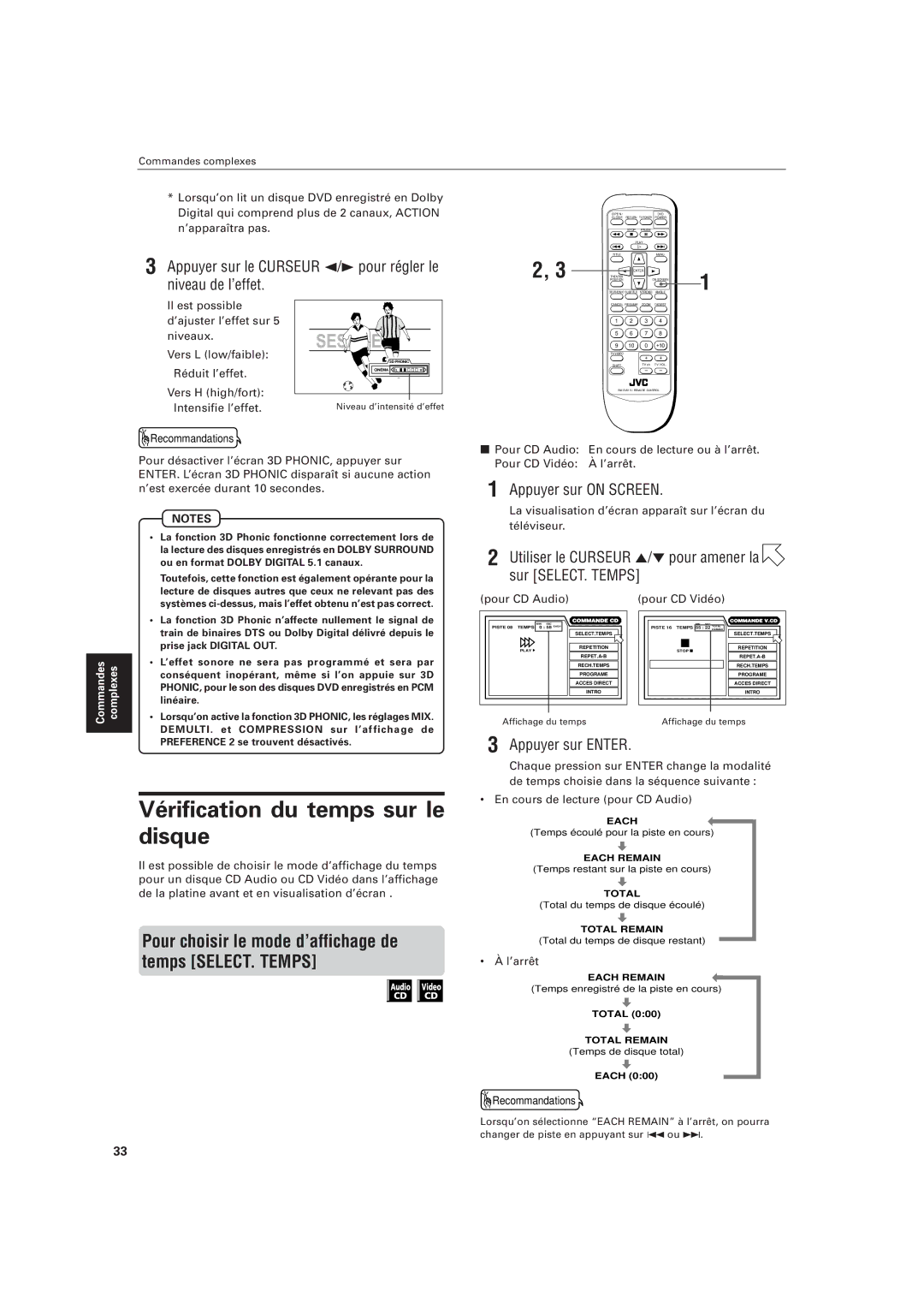 JVC LVT0336-003A manual Vérification du temps sur le disque, Appuyer sur le Curseur 2/ 3 pour régler le, Niveau de l’effet 