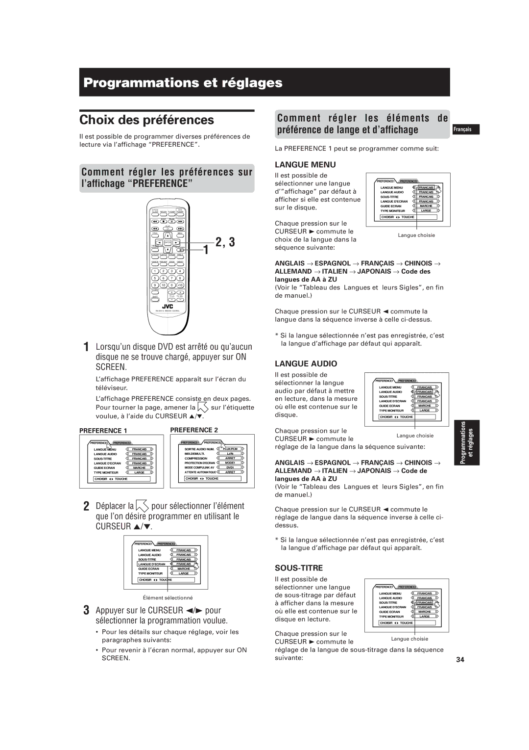 JVC LVT0336-003A manual Programmations et réglages, Choix des préférences, Comment régler les éléments de English 