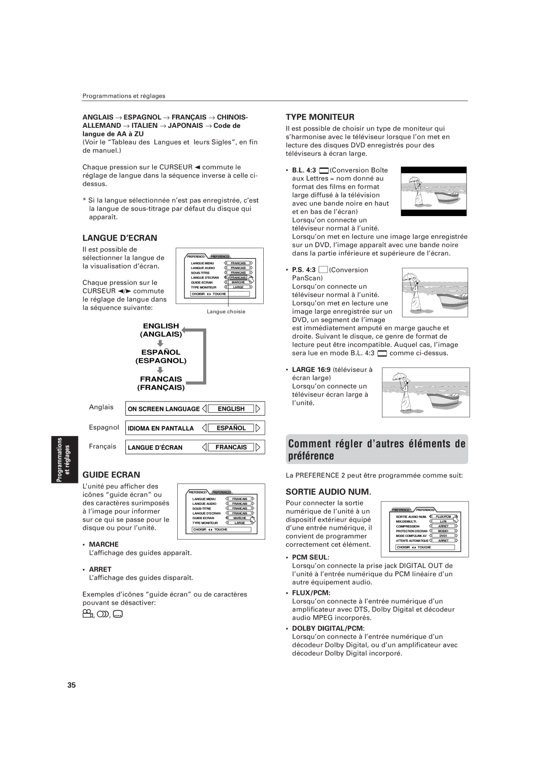 JVC LVT0336-003A manual Comment régler d’autres éléments de préférence, Type Moniteur, Langue D’ECRAN, Guide Ecran 