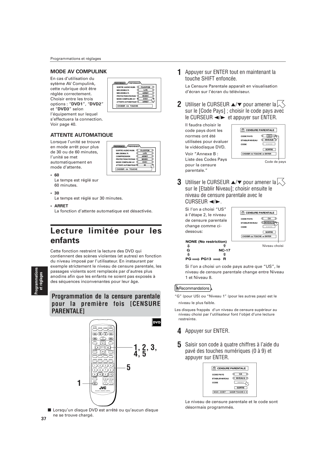 JVC LVT0336-003A manual Lecture limitée pour les enfants, Appuyer sur Enter tout en maintenant la, Touche Shift enfoncée 