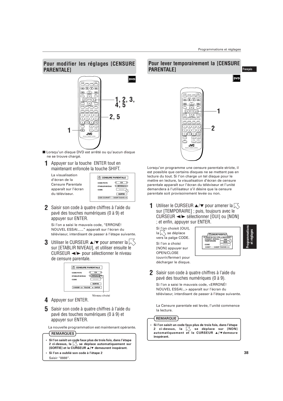 JVC LVT0336-003A manual Pour modifier les réglages Censure Parentale 