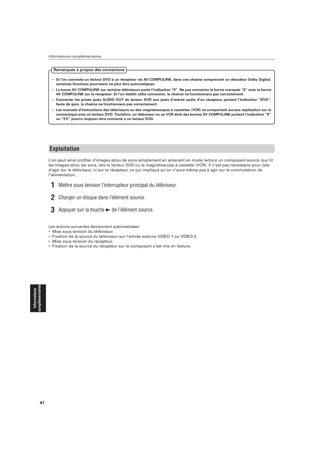 JVC LVT0336-003A manual Exploitation, Remarques à propos des connexions 