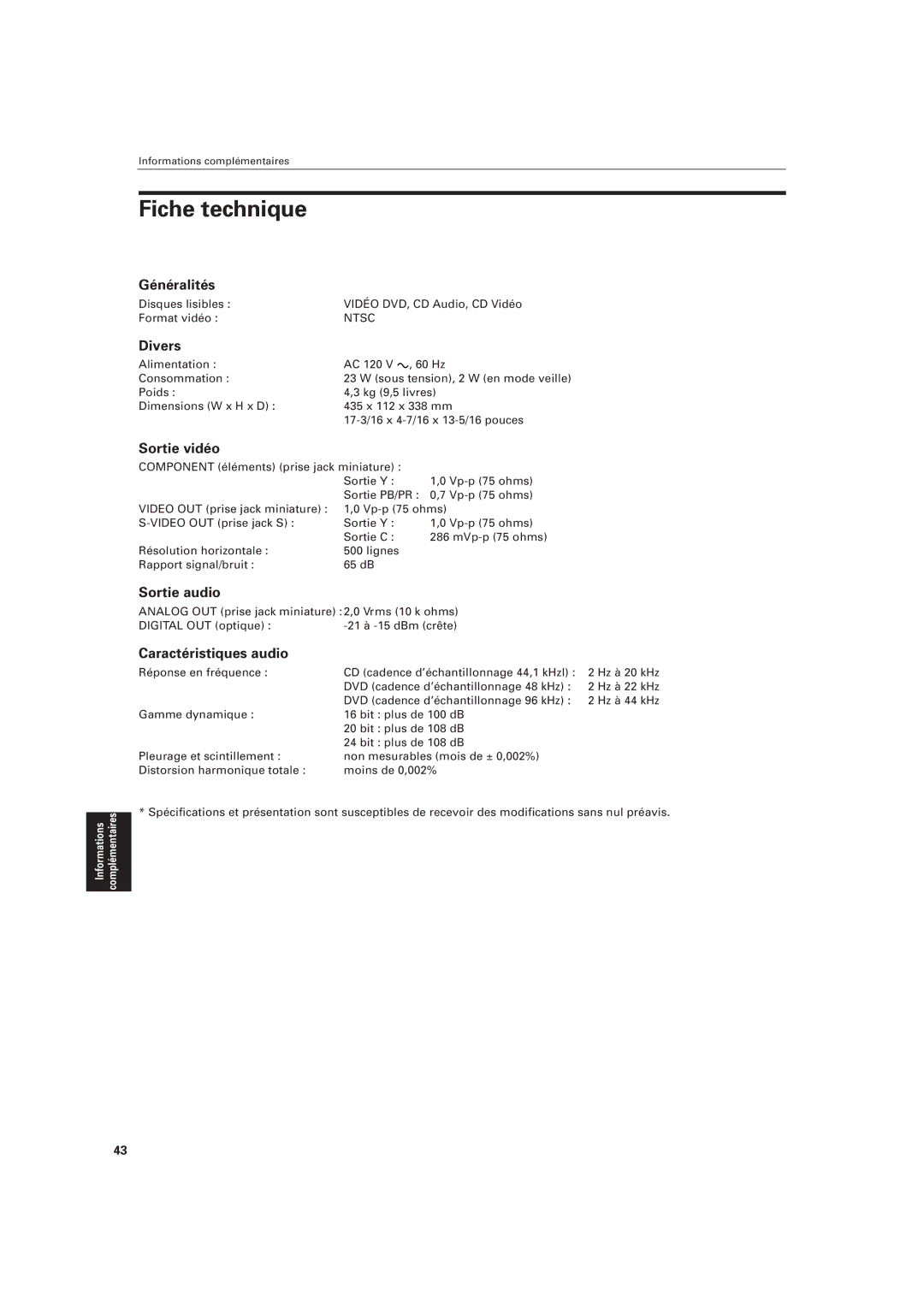 JVC LVT0336-003A manual Fiche technique 