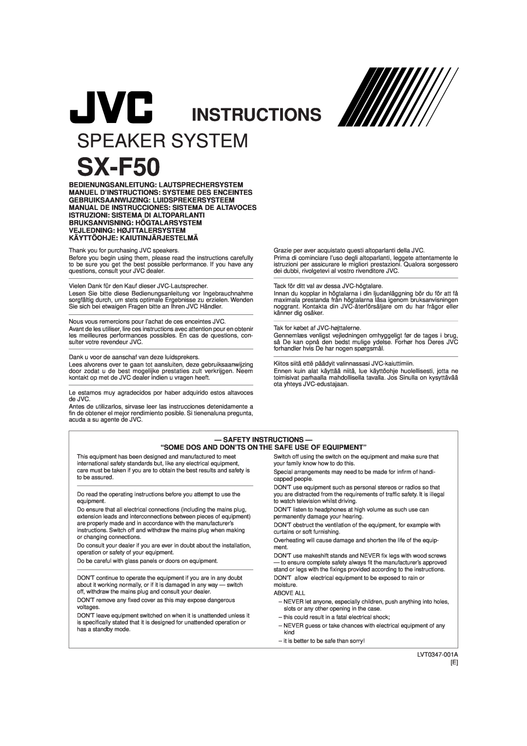 JVC SX-F50, LVT0347-001A manual Speaker System, Instructions 