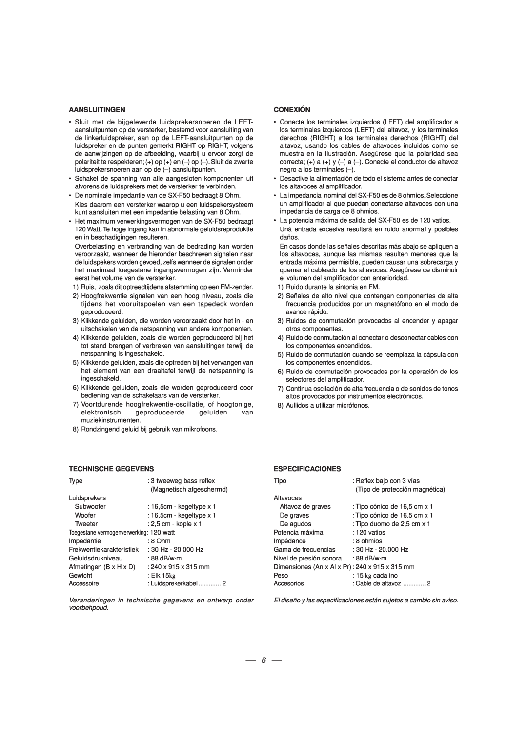 JVC LVT0347-001A, SX-F50 manual Aansluitingen, Conexión, Technische Gegevens, Especificaciones 