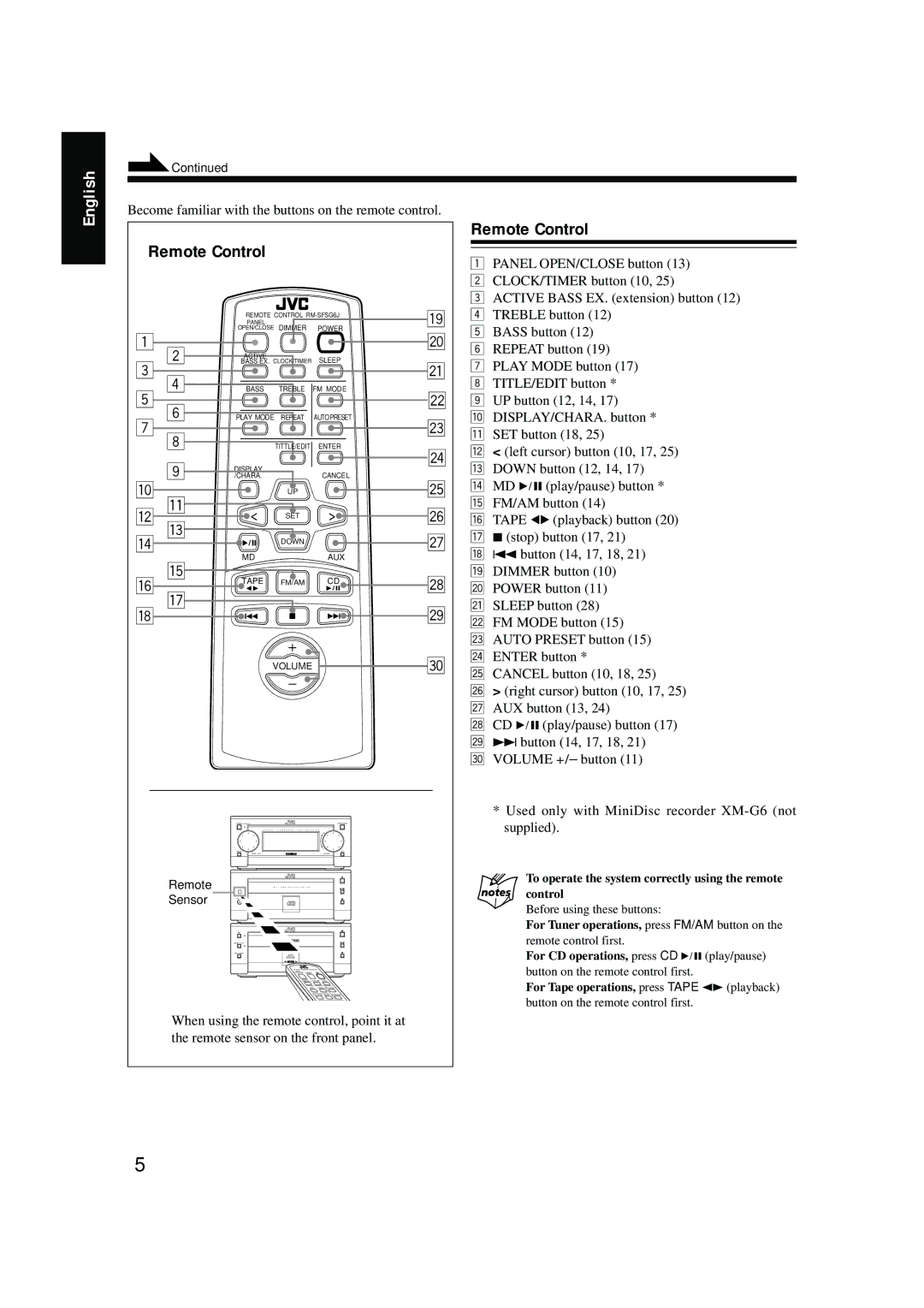 JVC FS-G6, LVT0375-001A, XT-UXG6 manual Remote Control, To operate the system correctly using the remote control 