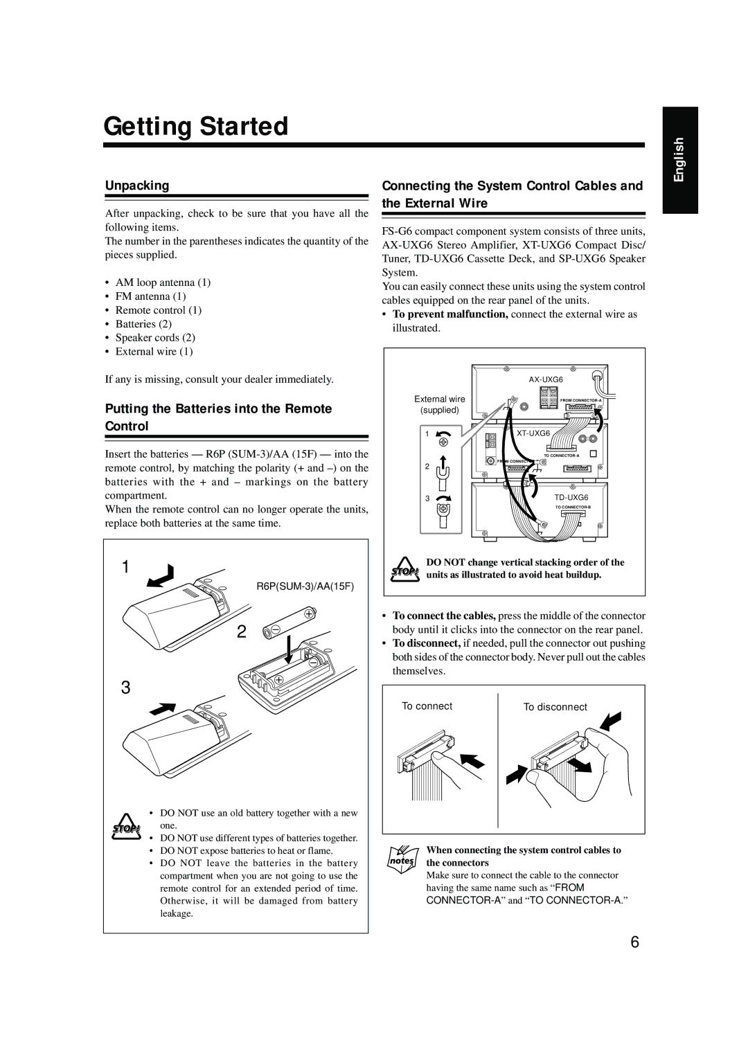 JVC XT-UXG6, LVT0375-001A, FS-G6 Getting Started, Unpacking, Connecting the System Control Cables and the External Wire 